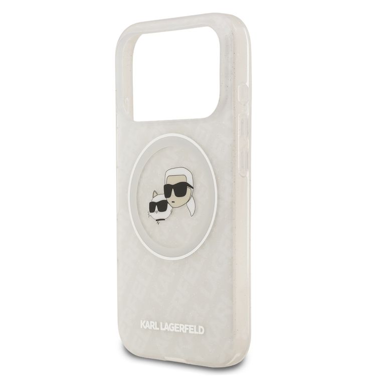 Karl Lagerfeld MagSafe IML Glitter & KL Repeated Case with Karl & Choupette for iPhone 17 Pro, Slim Profile, Drop Protection, Easy Snap-On, Sustainable Packaging, Comfortable Grip, Lightweight Design - White
