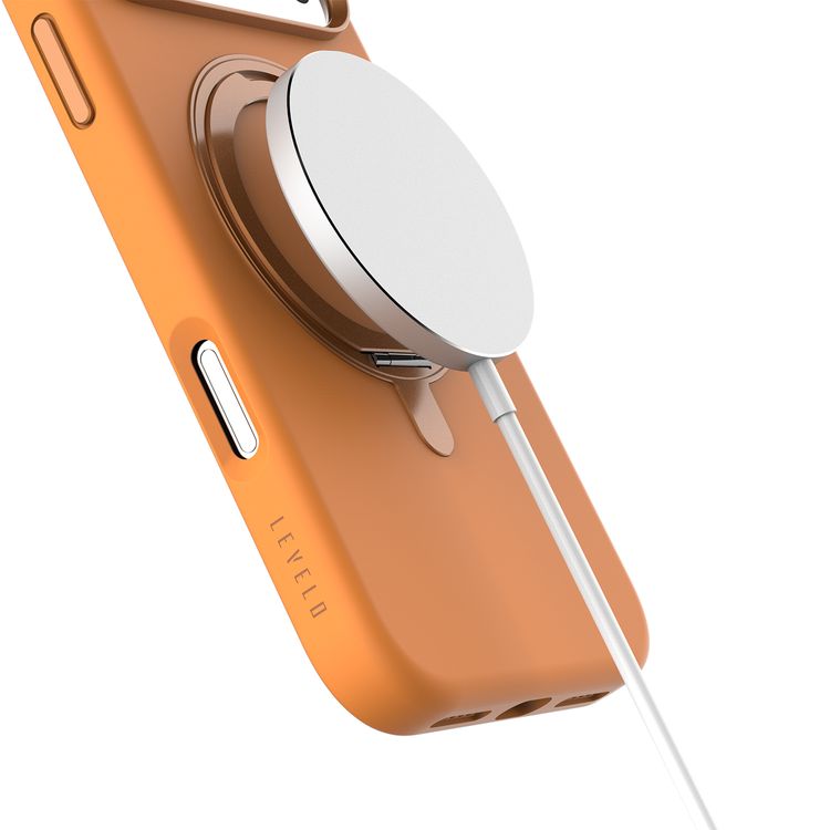 Levelo Iris Pro MagSafe Liquid Silicone Case with Built-in 360° Kickstand for iPhone 17 Pro, Metal Accents, Shock-Resistant Bumper, Aluminum Alloy Frame for Camera & Buttons, Drop-Tested, Strong Magnets, Premium Silicone Grip - Orange