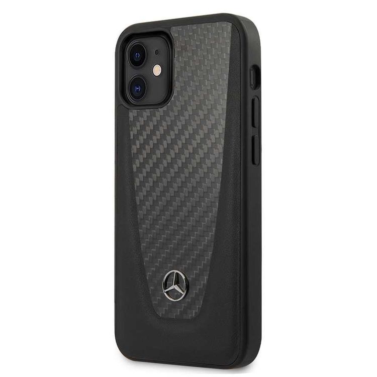 CG MOBILE Mercedes-Benz Genuine Leather Hard Phone Case Smooth Leather, Carbon Fiber &  Metal Star Logo for iPhone 12 Mini (5.4) Officially Licensed - Black