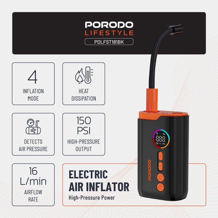 Porodo Electric Air Inflator with 150PSI High-Pressure Power, 4 Inflation Mode, 30cm Cable Length, USB-C Charging Cable, Up to 5 Hours Charging Time, Detects Air Pressure - Black