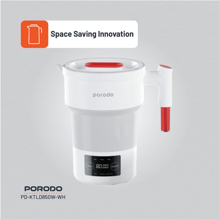غلاية كهربائية قابلة للطي من بورودو لايفستايل بسعة مياه 600 مل، مع قدرة طاقة 850 واط، وحماية من الغليان الجاف، وشاشة رقمية، وتصميم قابل للطي، مع قابس 3 سنون وفق المعايير البريطانية - اللون الأبيض