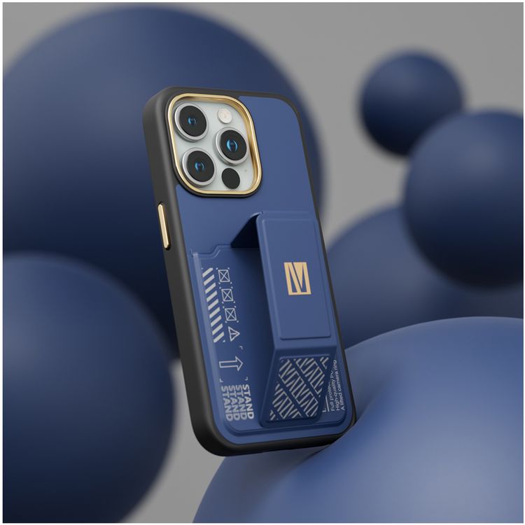 Levelo Morphix Cuero Gripstand Case for iPhone 15 Pro with Cardholder, Multi-Positioning Modes, PU Leather Material, Shock-Proof Edges - Blue