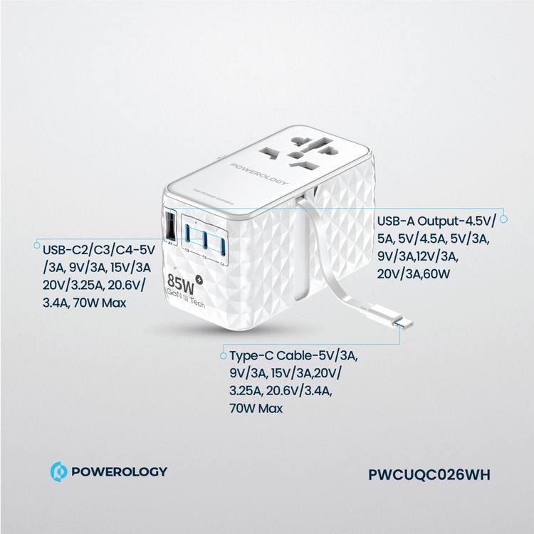 Powerology Universal 85W Super Charger with Retractable Type-C Cable, 70W Power Delivery, GaN Technology, Simultaneous Charging, Spare Fuse Included - White