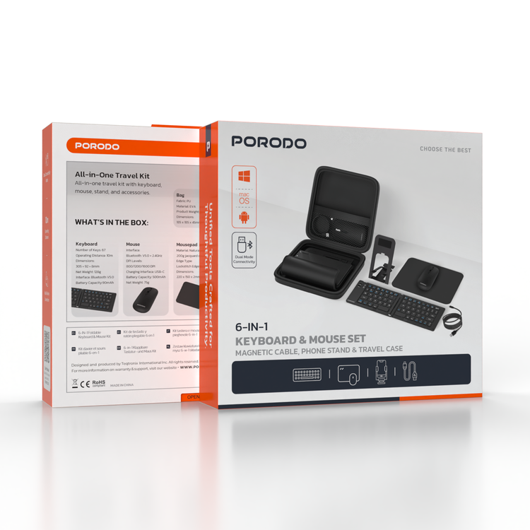 Porodo 6-in-1 Keyboard & Mouse Set with Magnetic Cable, Phone Stand & Travel Case, Dual Connectivity Mode, Multi-Device Connection, 10m Operating Distance - Black 