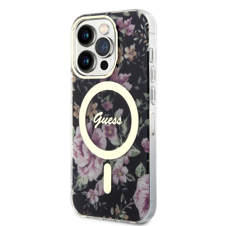 Guess Magsafe IML Case with Flower Pattern - Black - iPhone 15 Pro Max