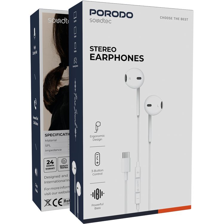 Porodo Soundtec Stereo Earphones with Type-C Connector, High-Clarify Microphone, ABS Material, 120 cm Tangle Free Cable - White