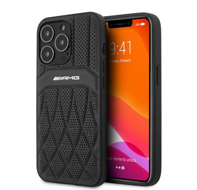CG MOBILE AMG Genuine Leather Case With Perforated Black Leather Curved Lines Hot Stamped With Logo Compatible with iPhone 13 Pro Max (6.7") Easy Access to All Ports