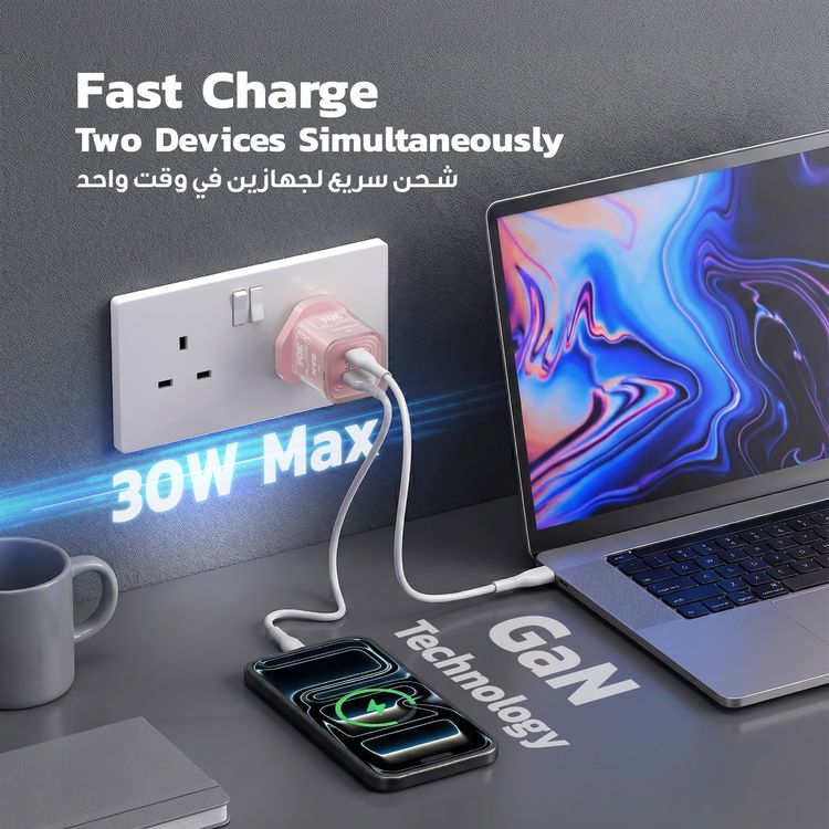 شاحن حائط سريع Porodo TEZCLARTÉ مع منفذين للشحن السريع، هيكل مقاوم للاشتعال، تصميم شفاف، مخرج USB-C بقوة 30 واط PD، مخرج USB-A بقوة 20 واط QC - وردي.