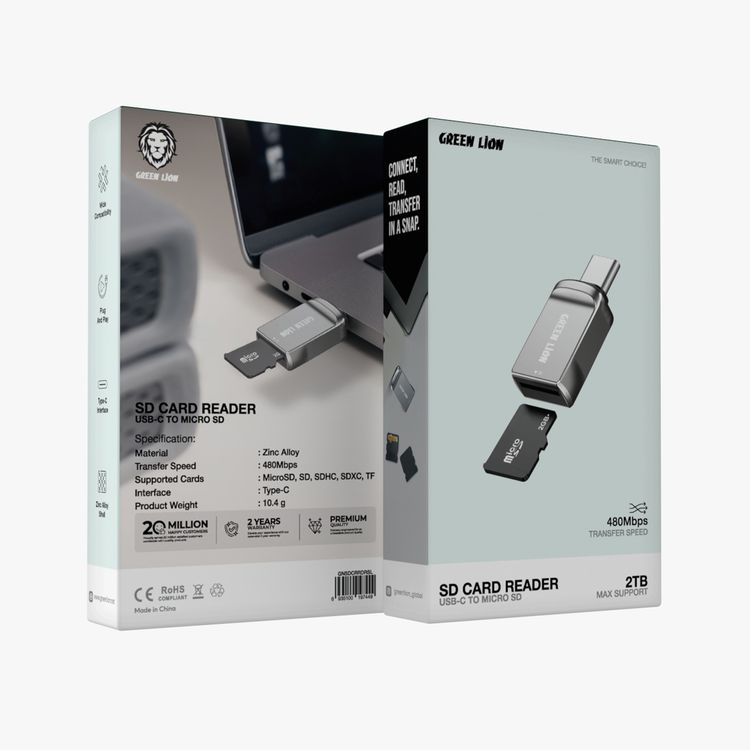 Green Lion SD Card Reader, USB-C to Micro SD, 480Mbps Transfer Speed, Zinc Alloy Material, Plug & Play, Wide Compatibility, Connect, Read & Transfer in a Snap - Silver