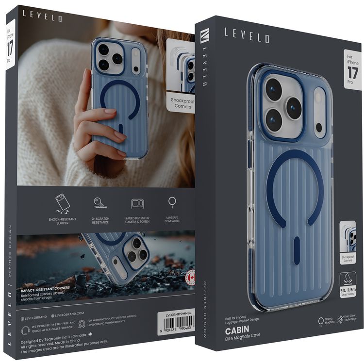 غلاف ليفيلو كابين إيليت ماج سيف لجهاز iPhone 17 Pro، زوايا مقاومة للصدمات، حواف بارزة للكاميرا والشاشة، مقاومة للخدوش بمستوى 2H، مغناطيسات قوية، تكنولوجيا واضحة على الدوام، واقي صدمات، مجرب ضد السقوط - أزرق منتصف الليل.