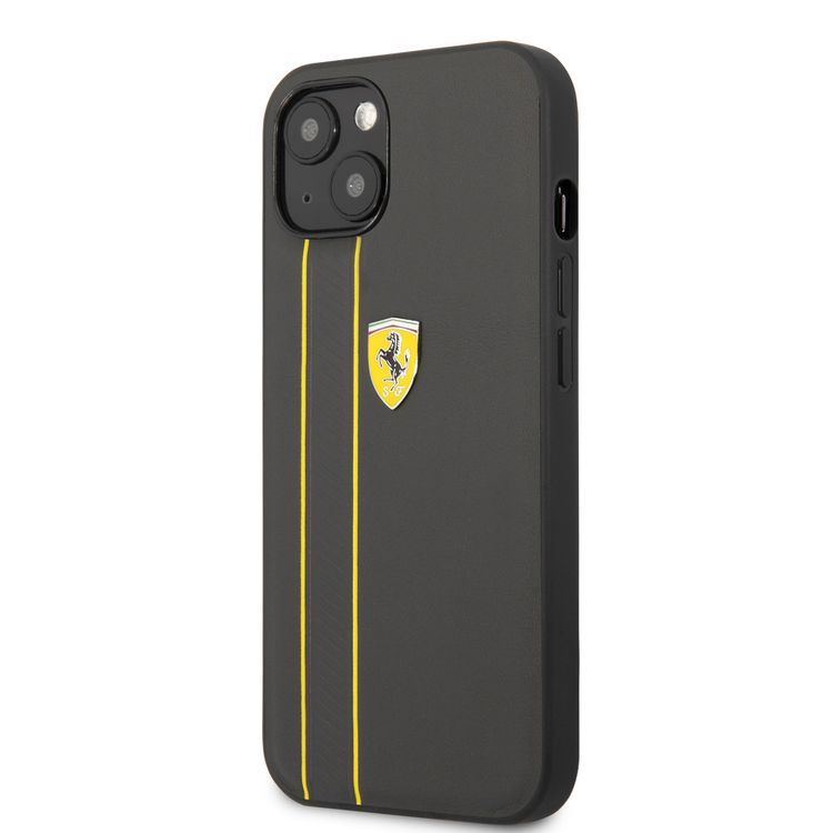 CG MOBILE Ferrari Genuine Leather Hard Case with Debossed Stripes Compatible for iPhone 13 (6.1") Shock & Scratches Resistant, Easy Access to All Ports
