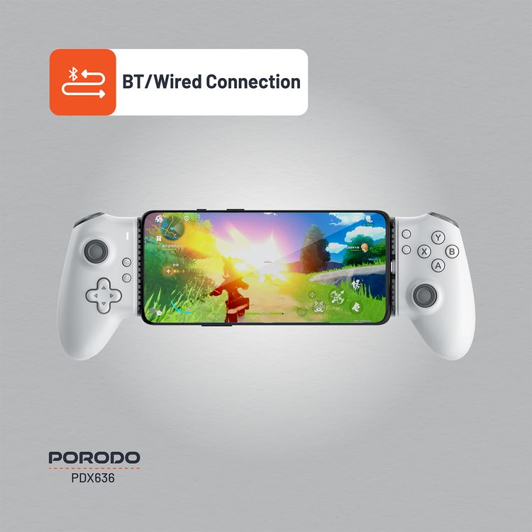 Porodo Gaming Multi-Platform Game Controller, Bluetooth & Wired Connection, Supported Devices of Up to 176mm in Width, 1000Hz High Polling Rate, Ergonomic Grip - White