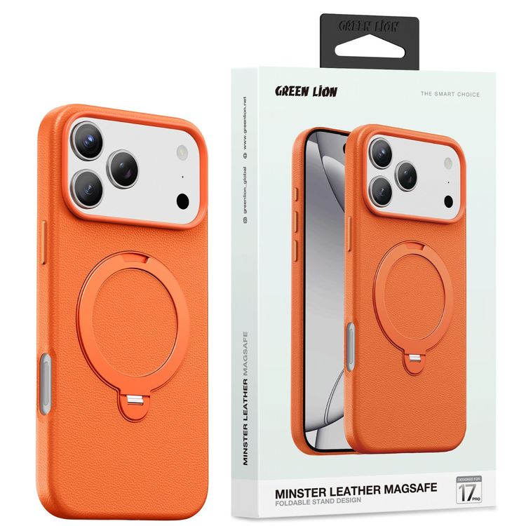 Green Lion Minster Leather MagSafe Case with Foldable Stand Design for iPhone 17 Pro, Anti-Fingerprint, 360° Rotatable Stand, Anti-Scratch, Camera Protection, Comfortable Grip - Orange