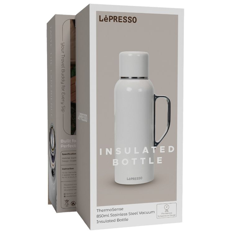 LePresso ThermoSense 850mL Stainless Steel Vacuum Insulated Bottle with Mechanical Temperature Gauge, 10-12 Hours Heat Retention, Stainless Steel SUS 316 Material - White