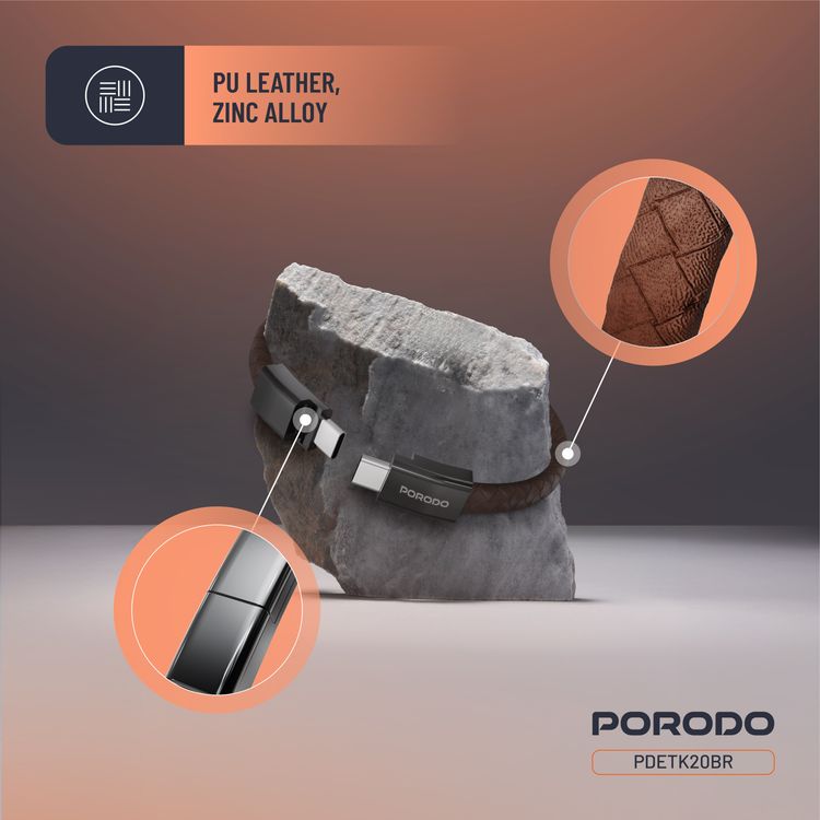 Porodo USB-C to USB-C Wristband Cable with Magnetic Steel Clasp, 60W Power Delivery, 480Mbps Data Transfer Speed, Wearable Design, 20cm Cable Length, PU Leather & Zinc Alloy Material - Brown