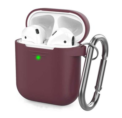 AhaStyle Premium Portable Keychain Silicone Case Compatible w/ Airpods 1/2 Generation, Scratch & Drop Resistant, Absorbing Protective Cover, Wireless Charging Case - Burgundy