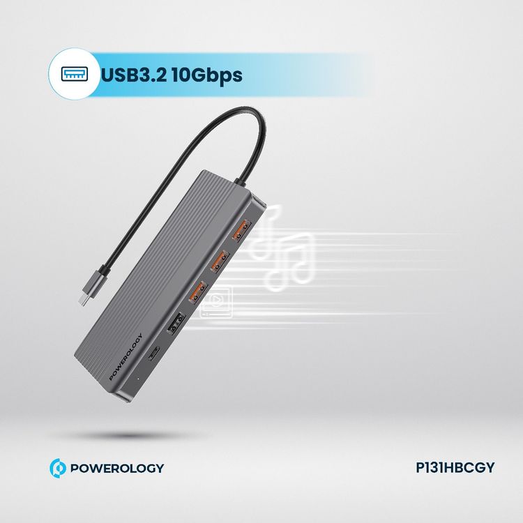 Powerology 13-in-1 USB-C Hub, 4K, HDMI, Type-C, 100W PD, Ethernet, USB SD MicroSD, 3.5 AUX - Gray