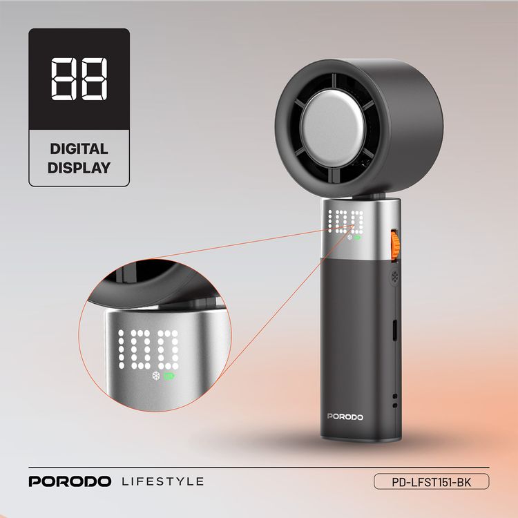Porodo Lifestyle Handheld Turbo Fan with 100-Level Wind Speed Adjustment, Up to 4 Hours of Working Time, 13000RPM Operating Speed, Integrated Flashlight, 90° Folding Design - Black