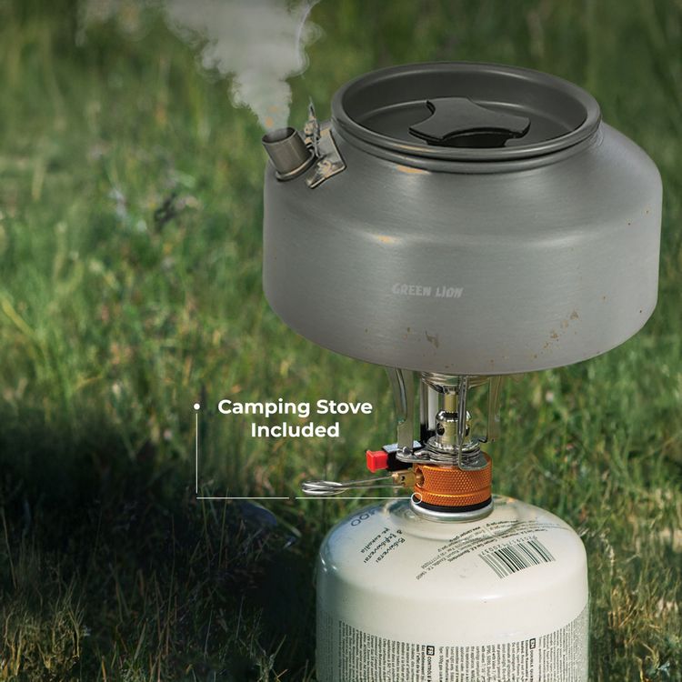 Green Lion 10-in-1 Camping Cookware with Camping Stove, Foldable Soup Spoon, Wooden Shovel, Small Bowl, Foldable Knife, Heat-Resistant Handles - Black