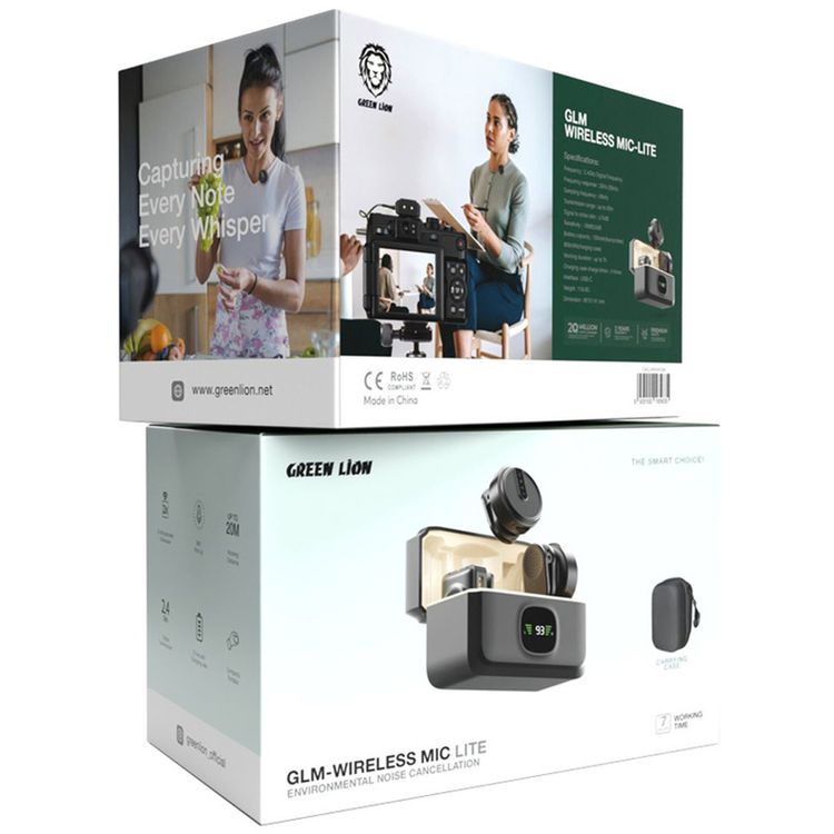 Green Lion GLM Wireless Microphone Lite with Environmental Noise Cancellation, ×2 Microphones, One Receiver, Up to 7 Hours Working Duration, 360° Pick Up, Compact & Portable, Up to 20m Transmission Distance, USB-C Interface, 4 Times Charging Case Time - Black