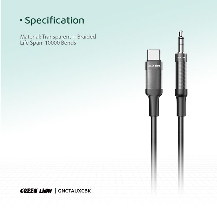 Green Lion USB-C to AUX Braided Cable with 10000 Bends Lifespan, 1m Cable Length, Stable Signal, Copper Core, Transparent + Braided - Black