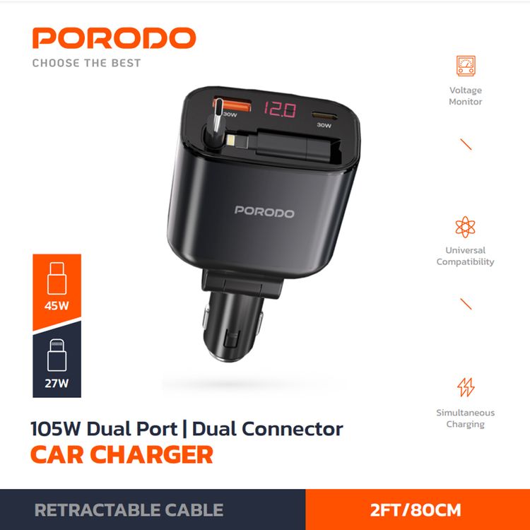 Porodo Dual Port & Connector Car Charger with Retractable Cable, 105W Total Output Power, Simultaneous Charging, USB-A & USB-C Ports, Type-C & Lightning Connectors, 80cm Cable Length, Digital Display, 27W Lightning Adapter, Universal Compatibility - Black