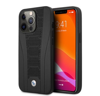 CG MOBILE BMW Real Leather Hard Case Seat Pattern Tone On Tone Perforations Debossed Lines Compatible for iPhone 13 Pro Max (6.7") Easy Access to All Ports, Anti-Scratch, Shock & Drop Absorption Back Cover Suitable with Wireless Charging Officially Licensed