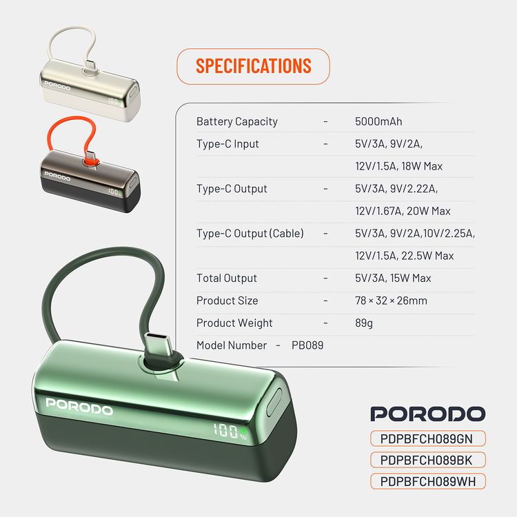 Porodo Pocket Volt 5000mAh Power Bank with Built-in Type-C Connector, 22.5W Power Delivery, Fast Charging Support, Compact Design, 15W Total Output - Green