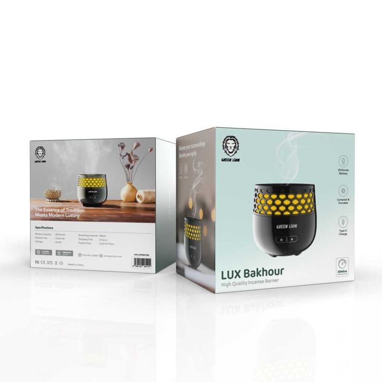 Green Lion Lux Bakhour Incense Burner 2500mAh, Compact & Portable, Type-C Charge, 30 Mins Working Time, LED Light, Turbo Fan, Charging Time 2H - Black