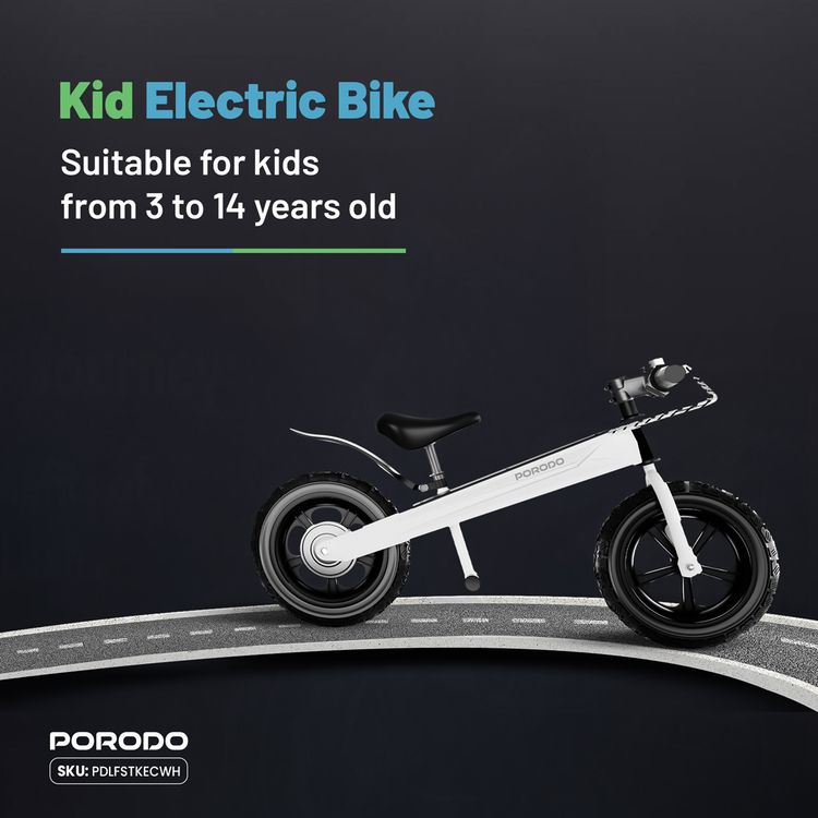 Porodo Lifestyle Joy Cruiser Kids Electric Bike with 2600mAh Battery Capacity, Maximum Speed 15Km/H, 3 Gears, LED Display, Brushless Motor - White