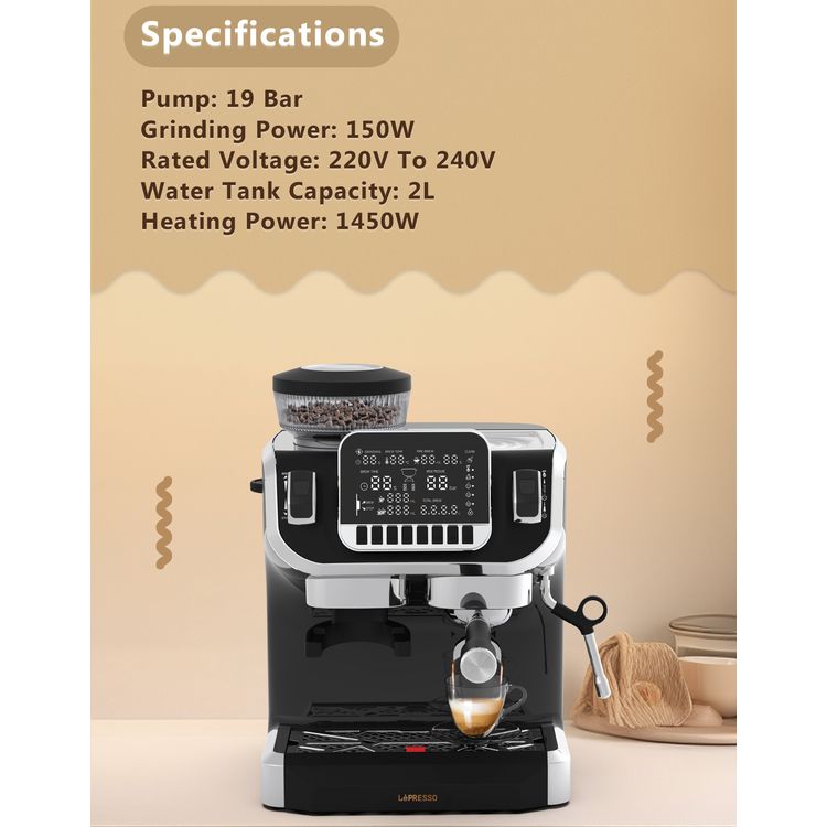 Lepresso Espresso Coffee Maker with Bean Grinder and LCD Display, Adjustable Grinder, Patented Design, Single Boiler Type - Black
