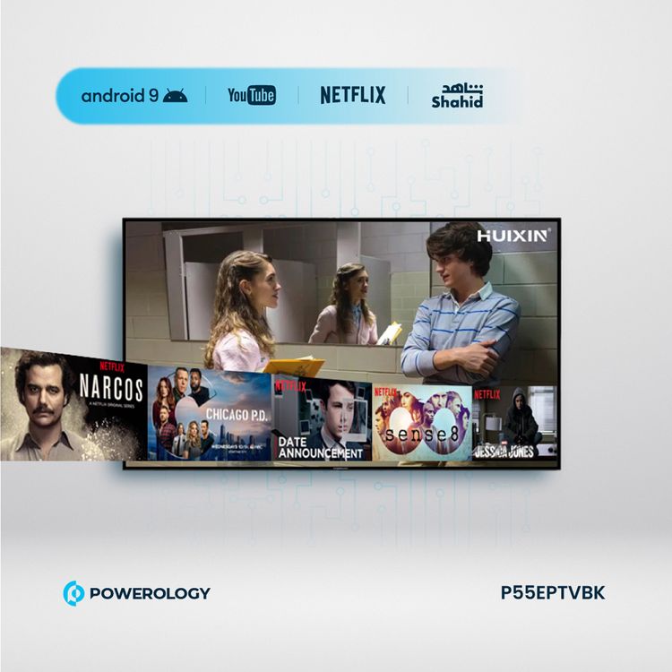Powerology 4K Break-Proof Android TV 55", Bluetooth 5.0, 150W, Quad-Core ARM Cortex-A53 CPU, UK 3-Pin Plug, x3 HDMI, x1 VGA, x1 Coaxial - Black