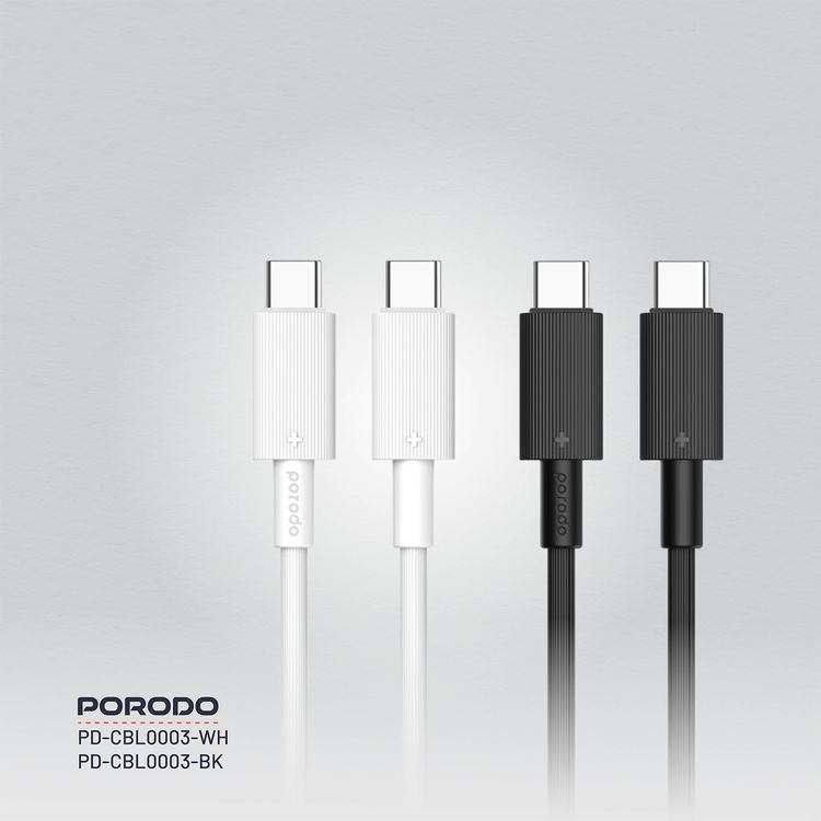 Porodo USB-C to USB-C PVC Cable, 480Mbps Transfer Speed, 60W Power Delivery, more than 15000 Bends Life Span, 1.2m Cable Length, Tangle Free - White