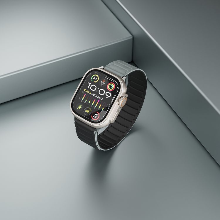 شريط ساعة Levelo Stella سيليكون مع مغناطيس، متوافق مع الساعات الذكية 49/46 ملم و Apple Watch SE، السلسلة 9، 8، 7، 6، 5، قابل للارتداء بلونين، مصنوع من مادة مضادة للحساسية، سهل التركيب، مقاوم للعرق، مقاوم للماء - أسود / رمادي.