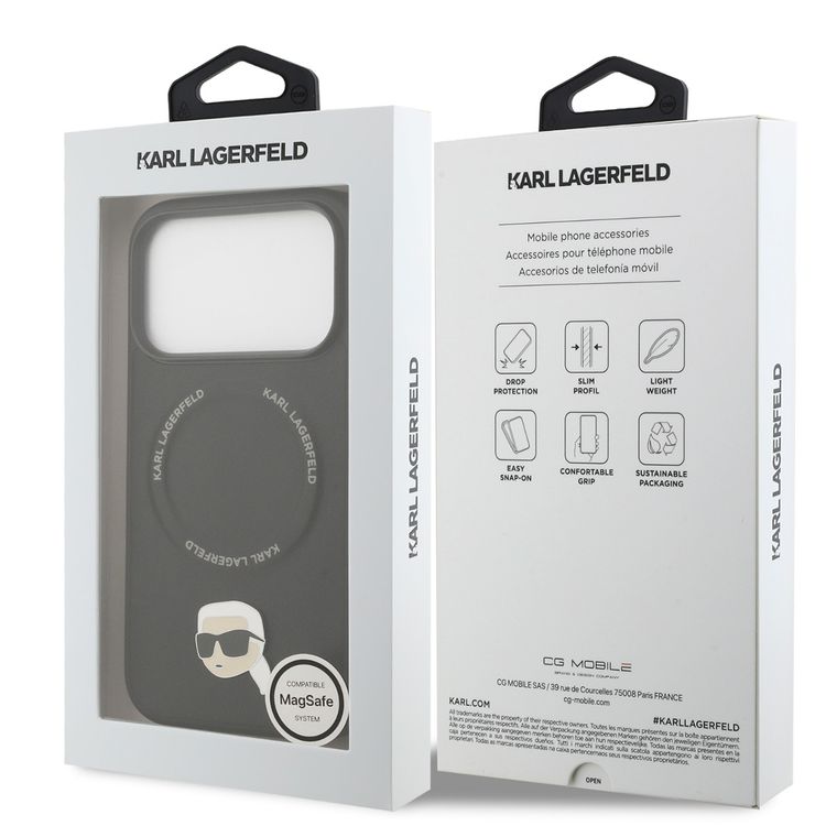 غطاء من الجلد الصناعي كارل لاغرفيلد مع دبابيس رأس كارل لهاتف آيفون 17 برو، تصميم نحيف وخفيف الوزن، قبضة مريحة، متوافق مع MagSafe، تغليف مستدام، سهل التركيب، حماية من السقوط - لون أسود