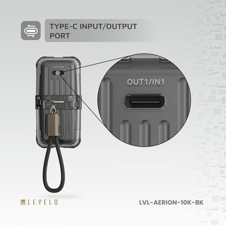 Levelo Aerion Portable 10000mAh Power Bank with Luggage Design, LED Display, Over Current Protection, Lithium-ion Battery, Grip Cable, Fast Charging Support - Black