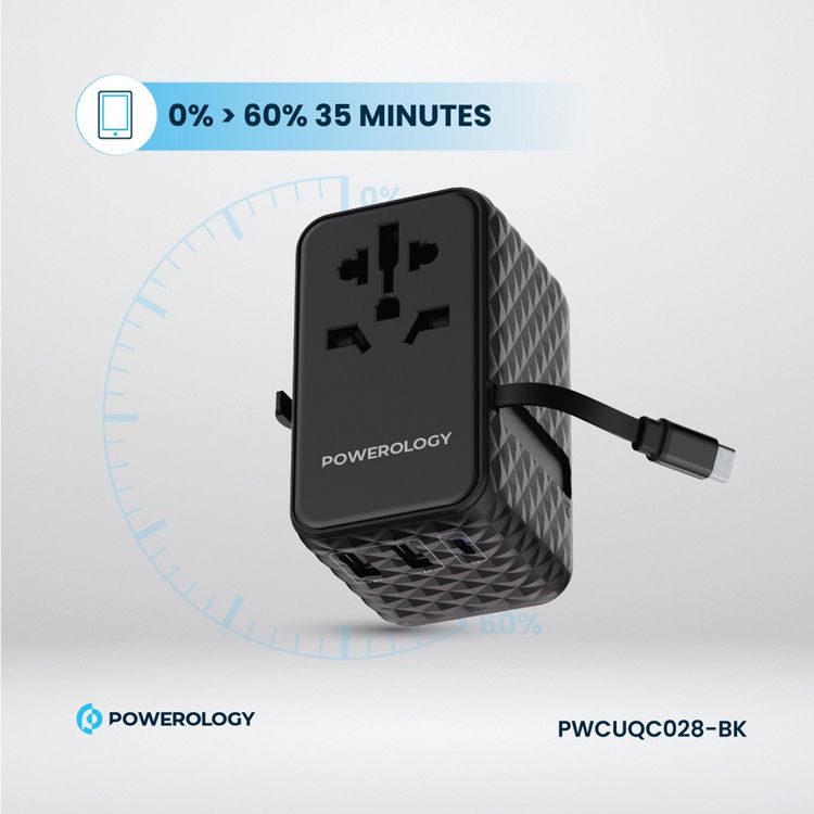 Powerology GaN 20W PD Universal Adapter with Retractable Type-C Cable, Simultaneous Charging, Includes Spare Fuse, Built-In Safeguard - Black