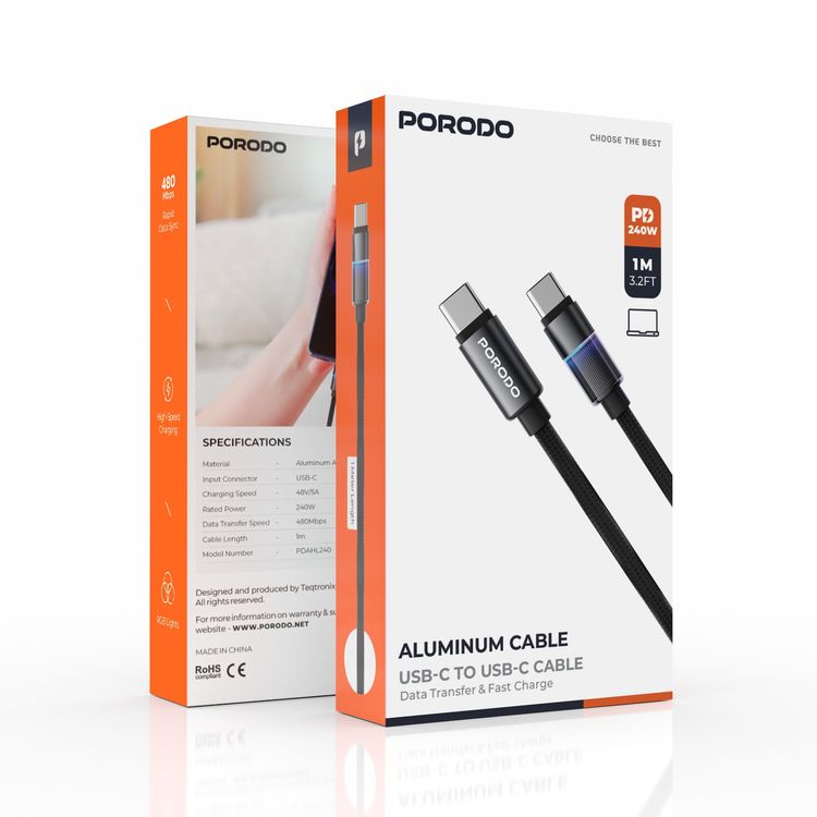 Porodo Aluminum USB-C to USB-C Cable with RGB Lights, 1m Cable Length, 240W Power Delivery, 480Mbps Data Transfer Speed, Fast Charge - Black