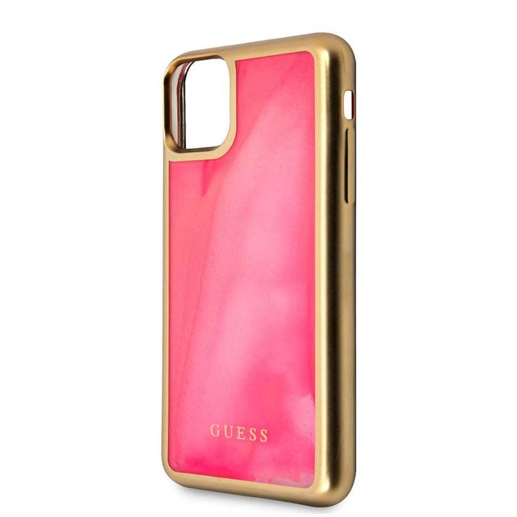 CG MOBILE Guess Glow Dark TPU Case Compatible with iPhone 11 Pro, Fit & Lightweight, Supports Wireless Charger, Easy Access to All Ports, Officially Licensed - Matte Gold/Pink