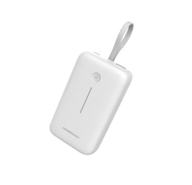 باور بانك 20000 مللي أمبير في الساعة من باورولوجي مع سلك USB-C قابل للفصل، وتوصيل طاقة بقوة 30 وات، وشحن 3 أجهزة، وضمانات مدمجة، وتوافق عالمي مع الهاتف، ووضع استعداد طويل الأمد - أبيض