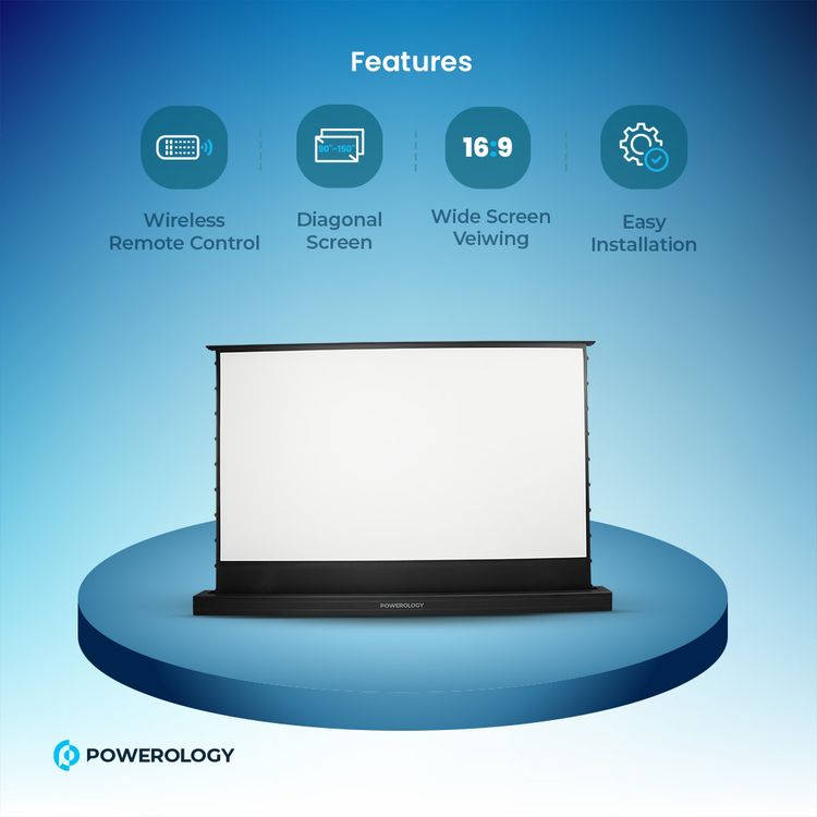 Powerology 100" Motorized Floor Projector Screen, 90" to 150" Diagonal Screen Size, Wireless Remote Control, Easy Installation - White