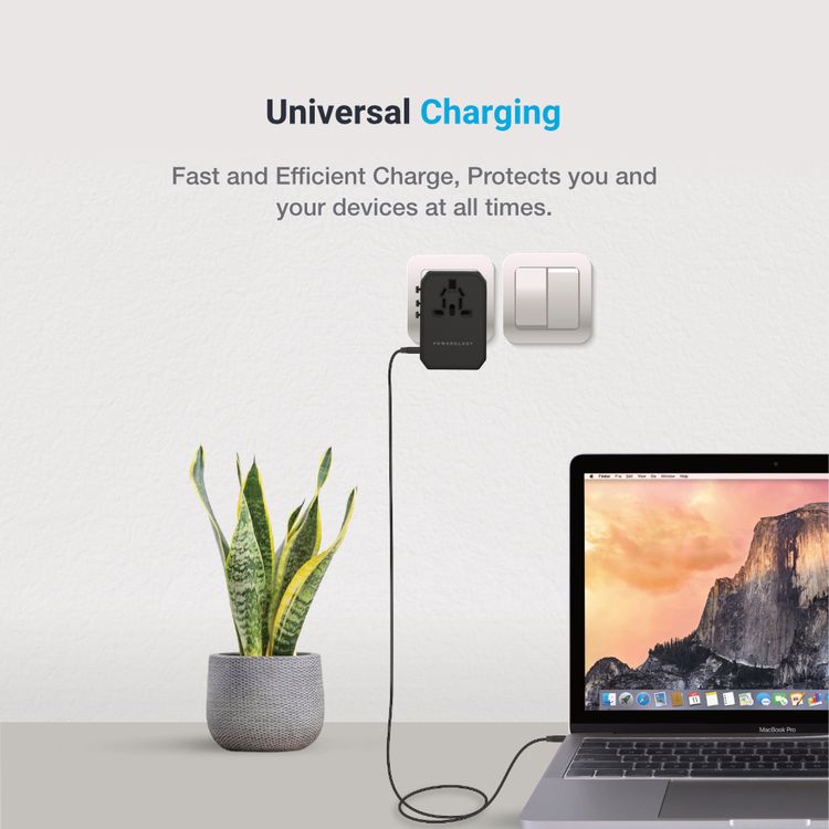 Powerology Universal Multi-Port Travel Charger with 45W Power Delivery, 8A Dual Fuse, Simultaneous Charging, Built-in Safeguards, Fast Charging, Active Protect - Black
