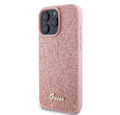 Guess Fixed Glitter Hard Case with Script Metal Logo for iPhone 16 Pro Max, Slim Profile, Drop Protection, Easy Snap-On, High-Quality Material, Extra Shield Protection - Pink