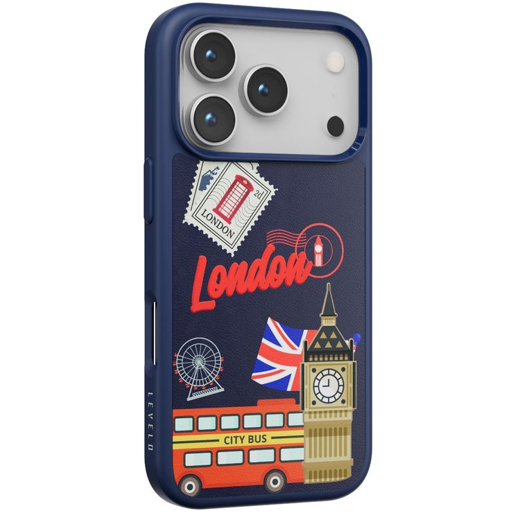 Levelo Vallo PU Leather Case for iPhone 17 Pro with Embroidery London Finish, Comfortable Hold, Durable PU Leather, Raised Bezels for Camera and Screen, True Microfiber Interior Lining, Scratch & Wear Resistant, Shock-Resistant Bumper - Cobalt Blue