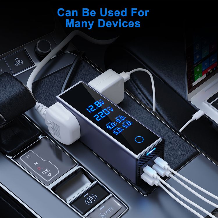 Powerology 300W Car Power Inverter with Voltage Monitor Display, Dual AC Outlets, Dual USB-A & Dual USB-C Ports, 36W Power Delivery, Simultaneous Charging Capability, 54cm DC Output Socket, Built-in Safeguards - Gray