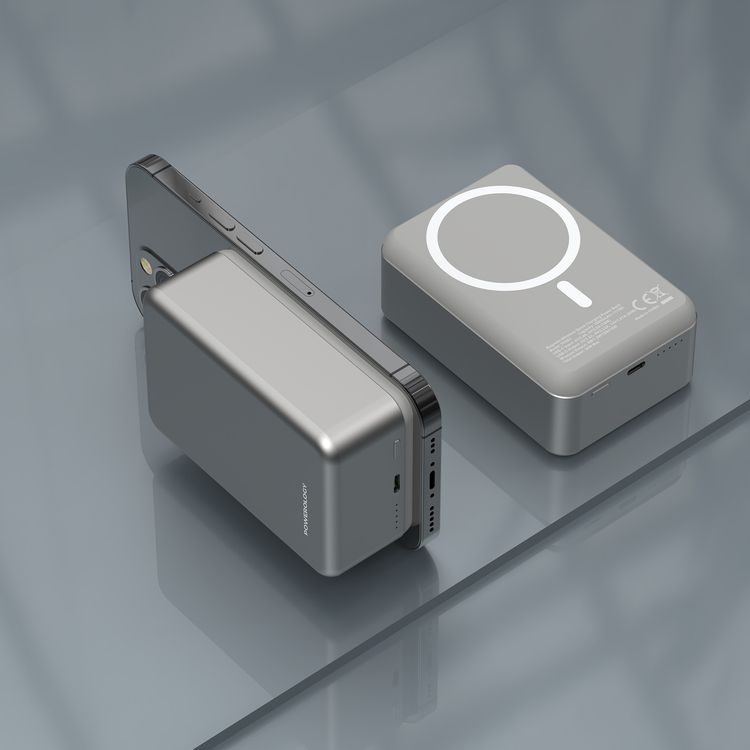 Powerology 30000mAh MagSafe Aluminum Power Bank with 20W Power Delivery, 15W Wireless Output, Li-Polymer Battery, Simultaneous Charging, Compact Design - Titanium