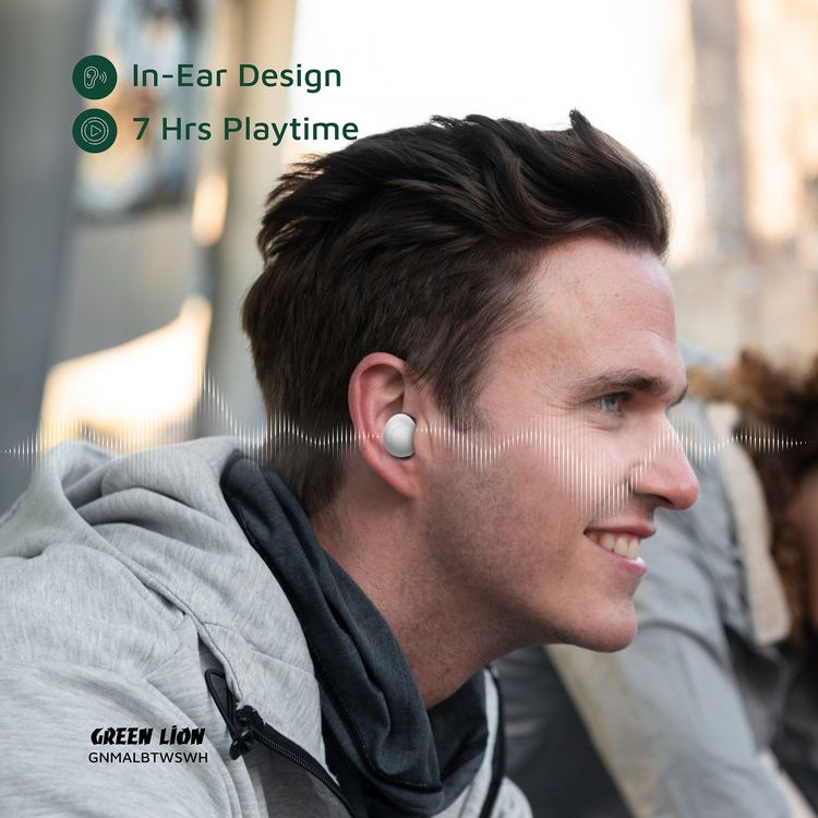 سماعات الأذن اللاسلكية الحقيقية جرين ليون مالبون مع تقنية ENC، وميكروفونات مزدوجة، ومنفذ شحن من نوع C، وإصدار بلوتوث 5.4. مدى بلوتوث 10 متر، بطارية علبة بسعة 300 مللي أمبير، وقت شحن ساعتين، ووقت استعداد 21 ساعة، عرض مستوى البطارية - أبيض