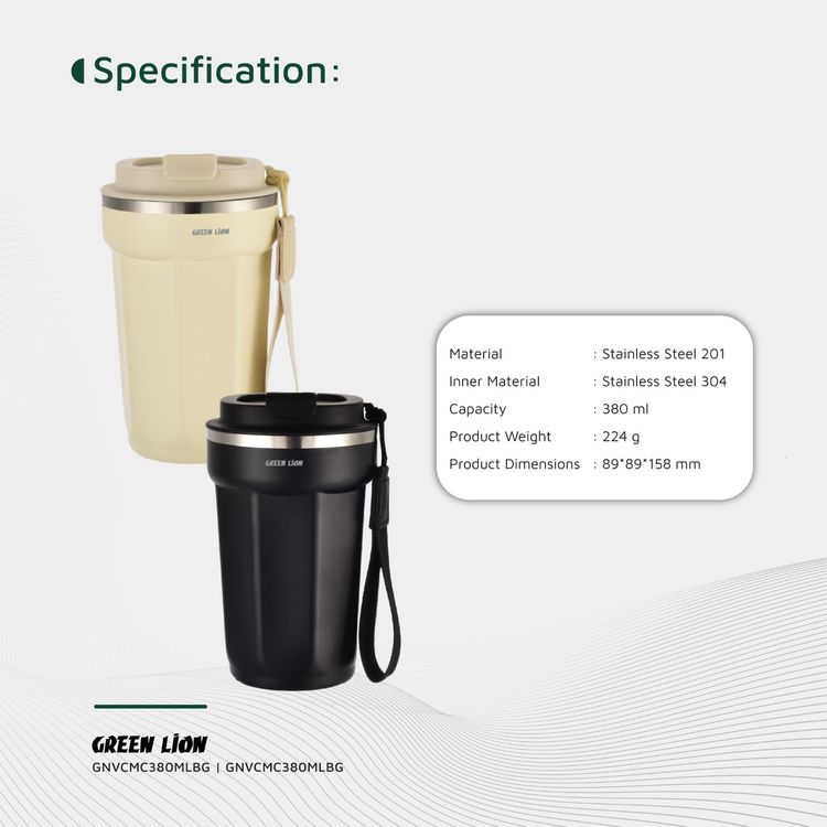 كوب مفرغة من جرين ليون، سعة 380 مل، مادة من الفولاذ المقاوم للصدأ، عزل مفرغ مزدوج الجدار، مظهر رائع - أسود