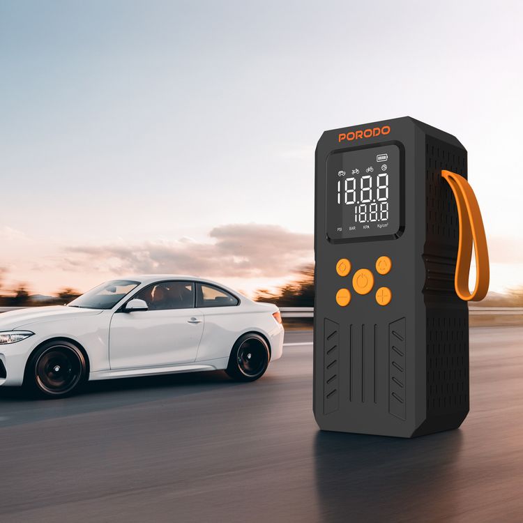 Porodo 4 In 1 Multi-Tool Inflator & Jump Starter with 15,200mAh Battery capacity, Smart Air Pump, 150 PSI Max Pressure, Accurate LCD Gauge, 1000A Peak Current, Emergency LED Lighting, 50cm Air Hose - Black