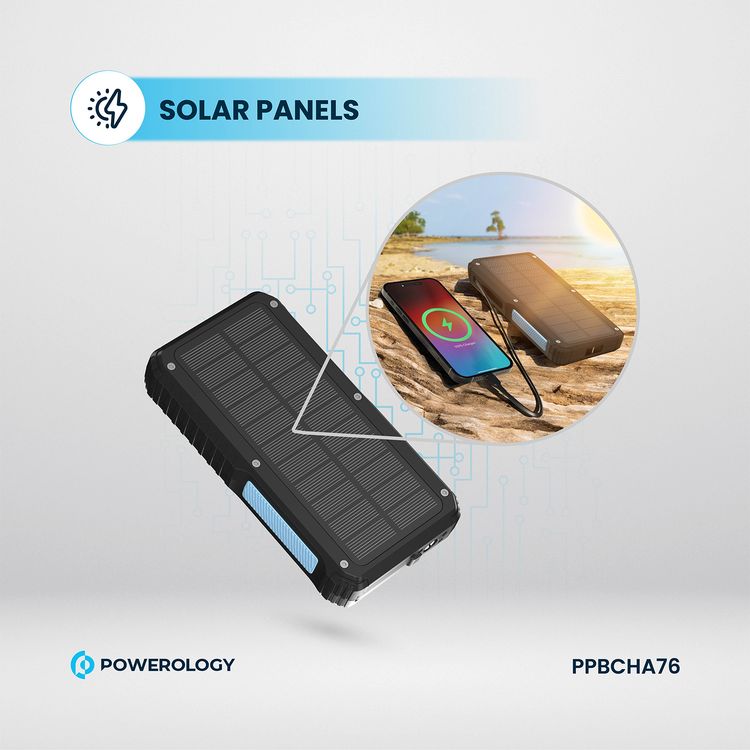 Powerology 20000mAh Solar Wireless Charging Power Bank with Simultaneous Charging, Multi-Mode Flashlight, 0% - 65% Charging in 35 Minutes, 70mm Cable Length - Black